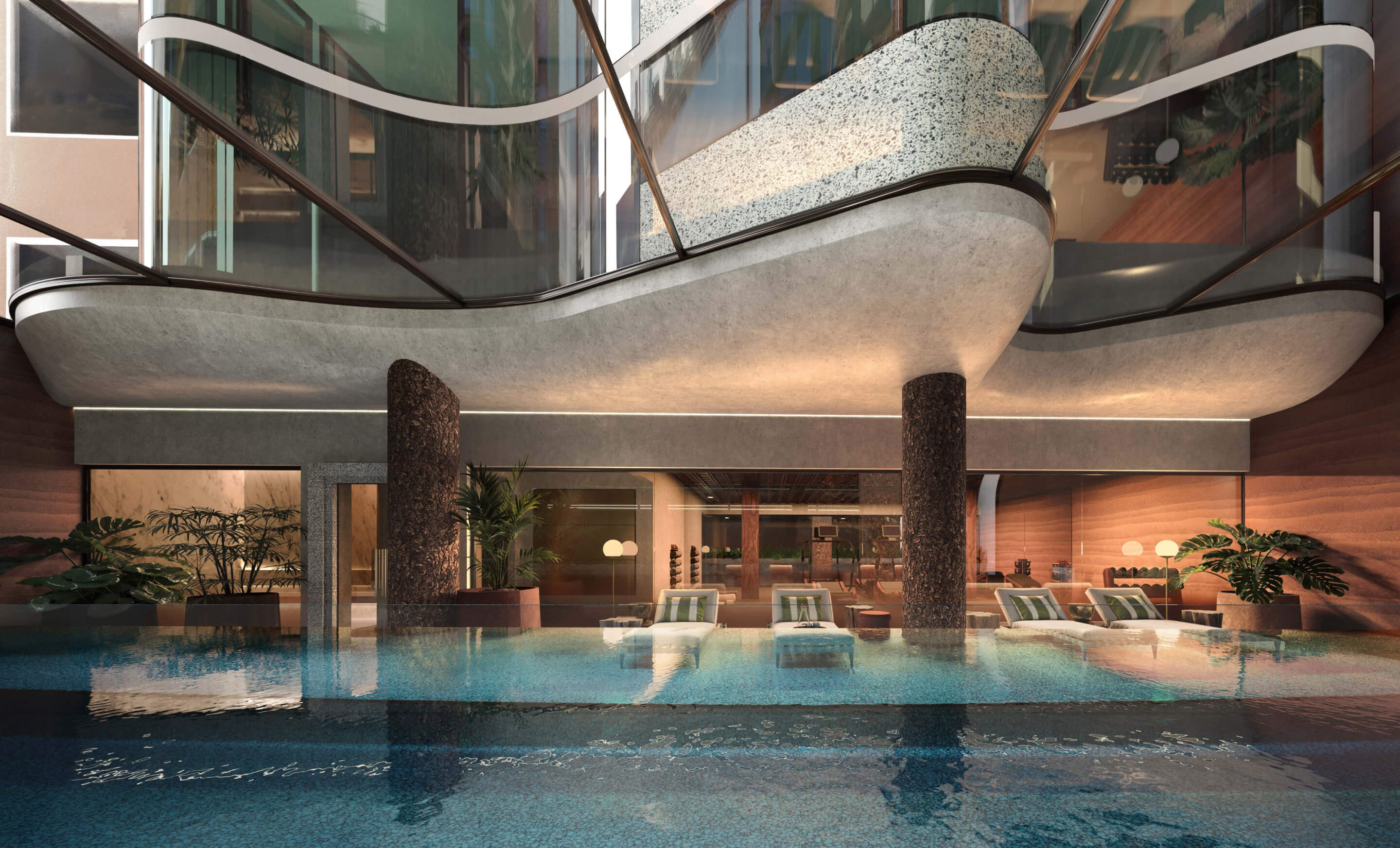 Pool looking towards gymnasium. Visualisation by Gabriel Saunders.