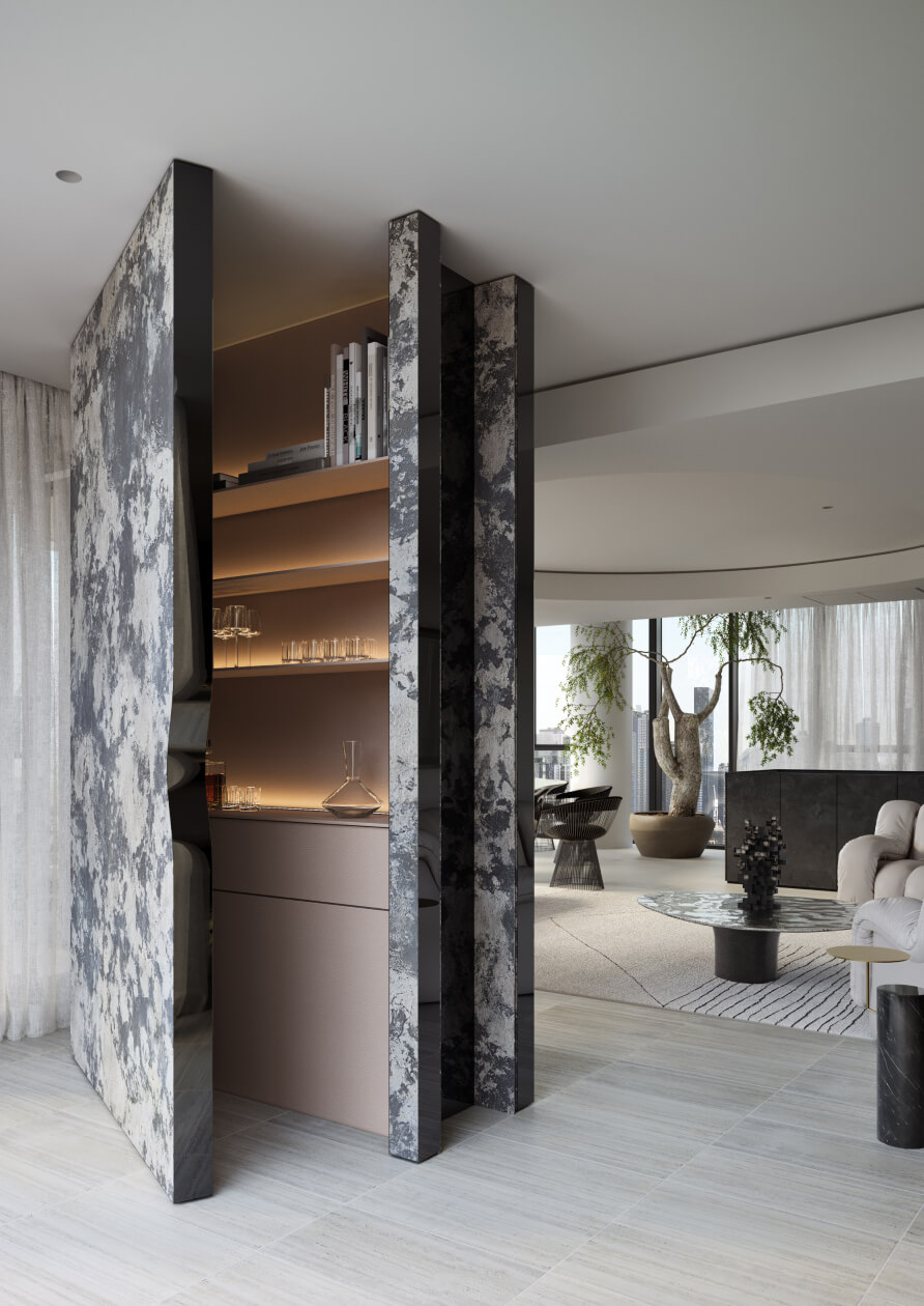 Concealed mini bar. Visualisation by Gabriel Saunders.