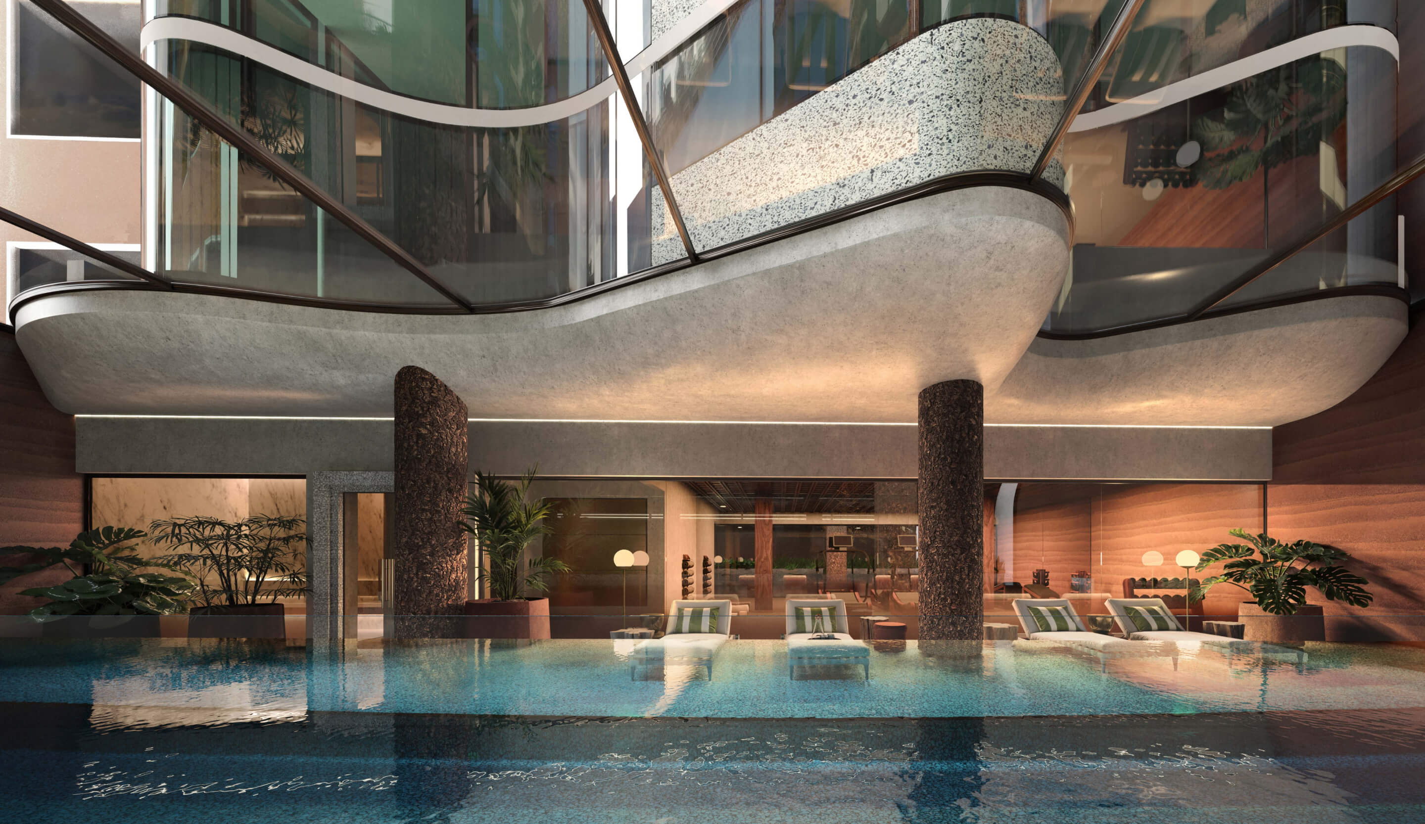 Pool looking towards gymnasium. Visualisation by Gabriel Saunders.